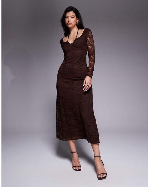 ASOS Brown Lace Long Sleeve Tie Front Midi Dress