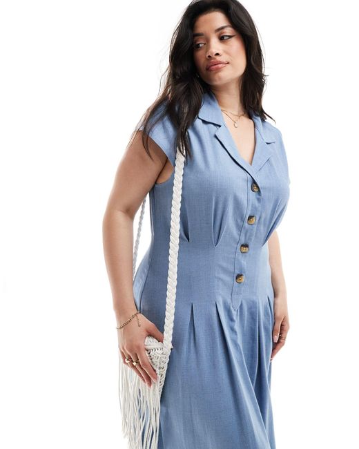 ASOS Blue Asos Design Curve Linen Cap Sleeve Shirt Midi Dress With Pin Tucks