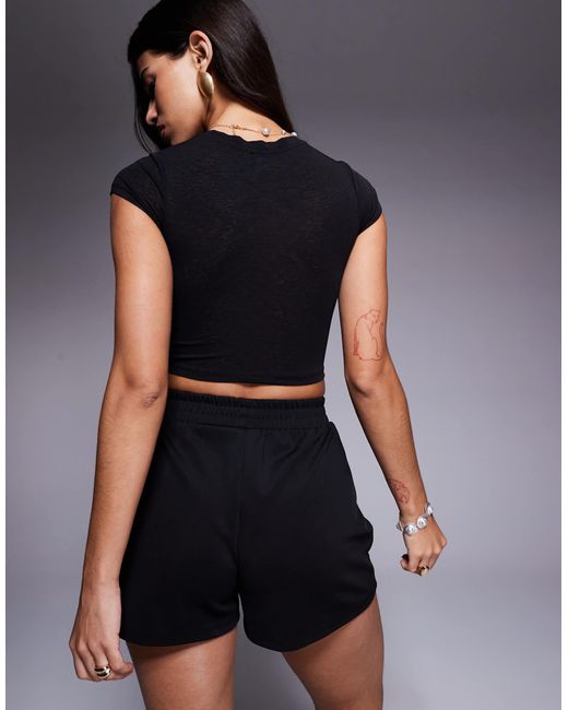 ASOS Black Knot Front Mesh Short Sleeve Crop Top