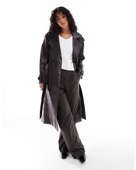 Pull&Bear Black Belted Faux Leather Trench Coat