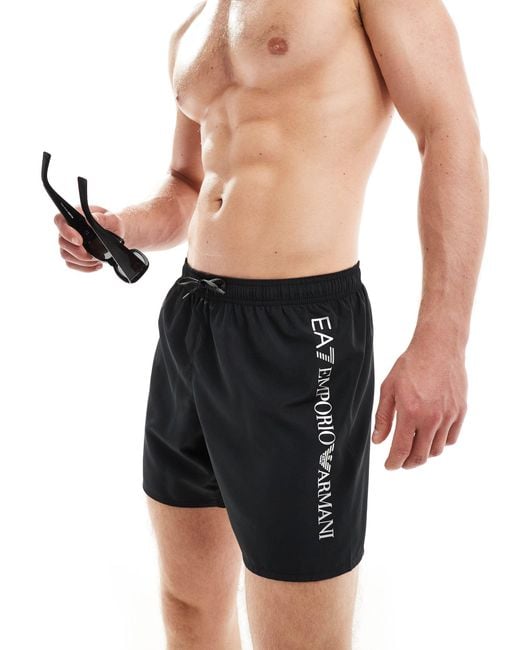 EA7 Black Armani Vertical Side Logo Swim Shorts for men