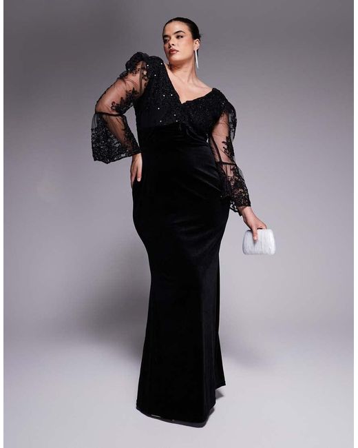 Goddiva Black Curve Scalloped Lace & Velvet Maxi Dress