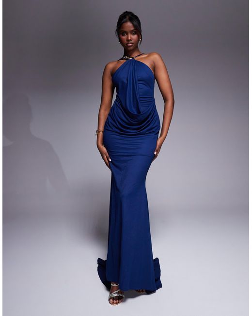 ASOS Blue Premium Jersey Linen Halterneck Maxi Dress With Multi Trim Detail And Train