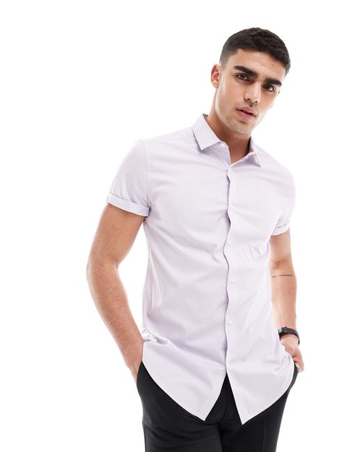 ASOS White Stretch Slim Fit Work Shirt With Rolled Sleeves for men