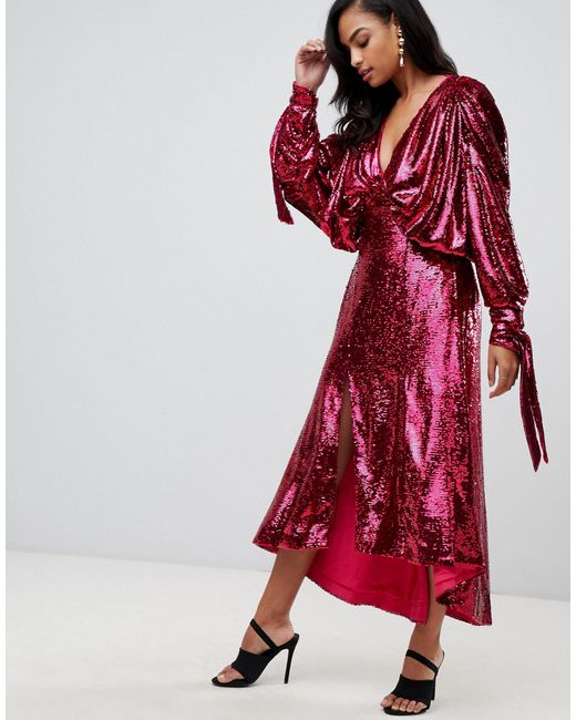 pink sequin midi dress