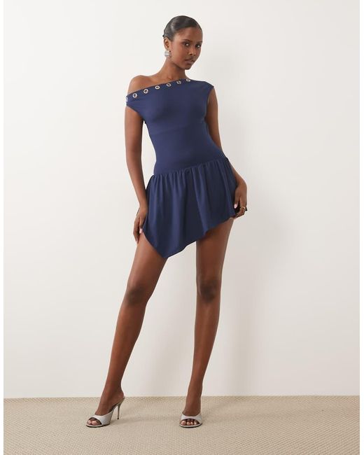The Frolic Blue Exclusive Slinky Eyelet Detail Asymmetric Pleated Skirt Mini Dress