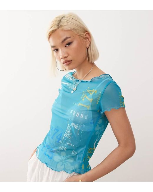 Collusion Blue Sheer Hibiscus Print Mesh Double Layer Top