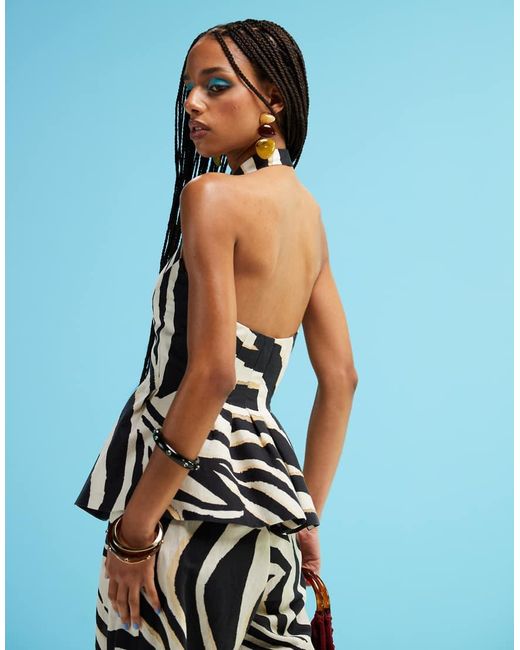 Mango Blue Zebra Halter Linen Mix Waistcoat Co-Ord