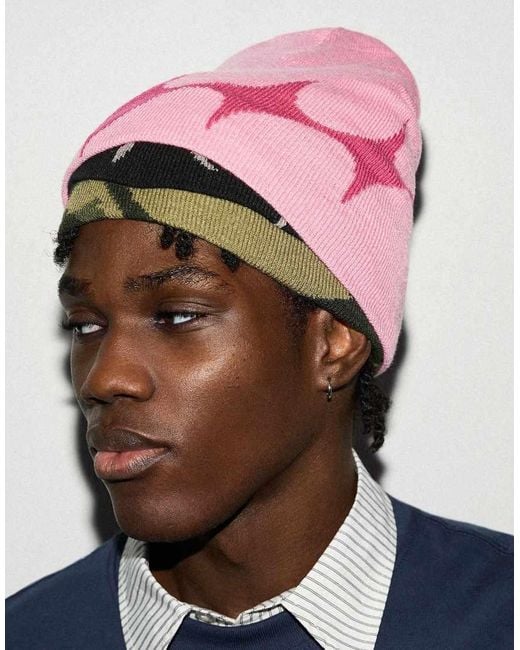 Bershka Pink Star Knit Beanie for men