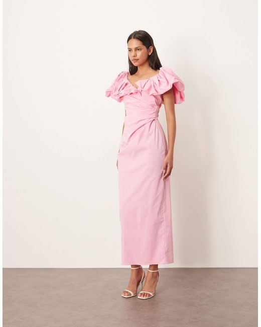 ARRANGE Bardot Ruched Puff Sleeve Maxi Dress in Pink | Lyst