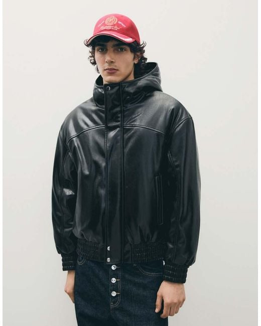 Bershka Blue Hooded Leather Effect Jacket for men