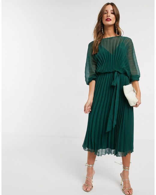 asos hunter green dress ASOS DESIGN Bare Shoulder Prom Scuba Midi Dress In Forest Green