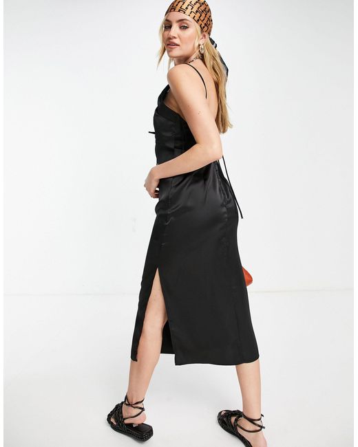 TOPSHOP Tie Front Satin Slip Midi Dress in Black Lyst