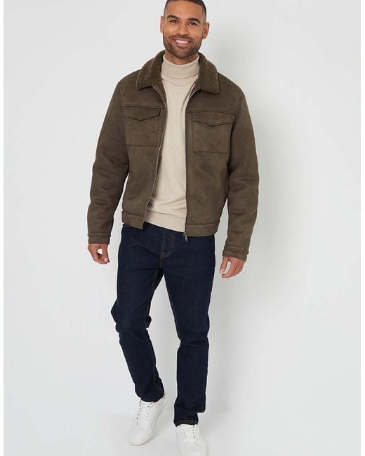 Threadbare Brown Faux Suede Borg Lined Aviator Jacket for men