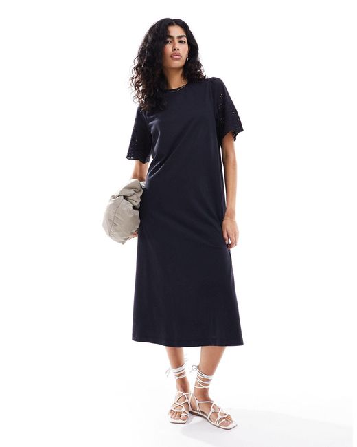 Y.A.S Blue Jersey Maxi T-shirt Dress With Broderie Sleeves