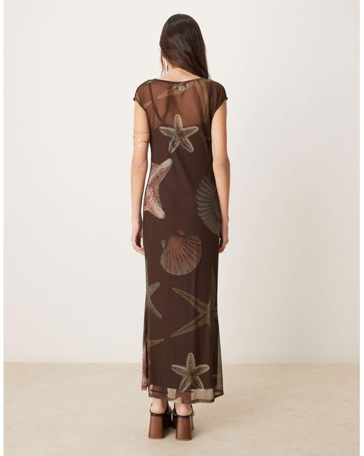 Never Fully Dressed Natural Sleeveless Shell Print Mesh Maxi Dress