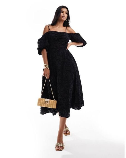 River Island Black Puff Sleeve Midi Dress