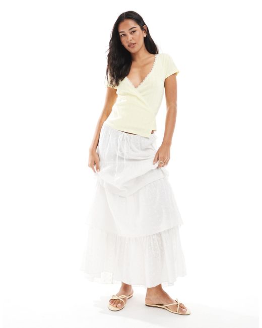 Miss Selfridge White Pointelle Lace Trim Wrap Top