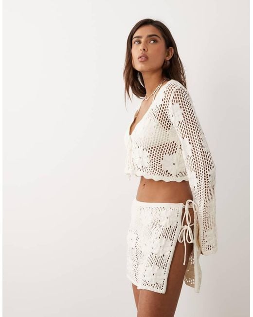 The Frolic Natural Exclusive Crochet Tie Side Mini Beach Skirt Co-ord