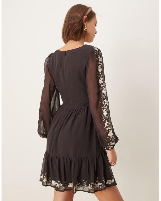 ASOS Natural Embroidered Long Sleeve Plunge Tiered Mini Dress
