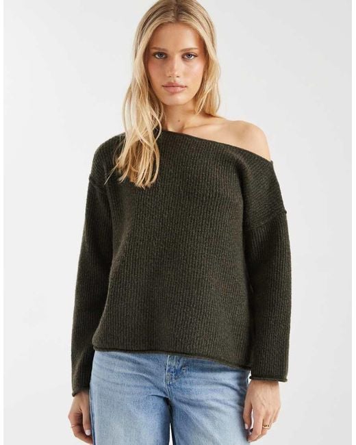 Miss Selfridge Green Asym Off The Shoulder Slouchy Cosy Knit Jumper