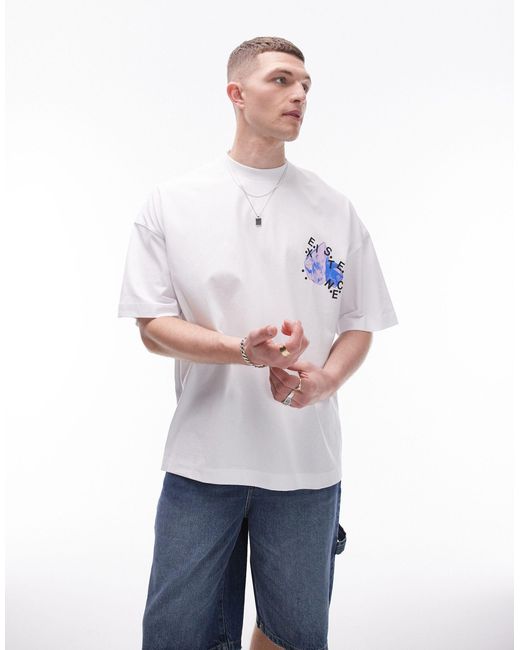 T-shirt super oversize bianca con stampa "existence" sul davanti e sul retro di Topman in Blue da Uomo