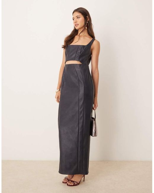 ASOS Blue Square Neck Pu Pencil Maxi Dress With Cut Out