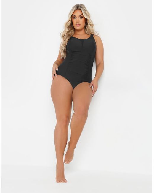 Yours Clothing Black Ruched Mesh Tummy Control Swimsuit