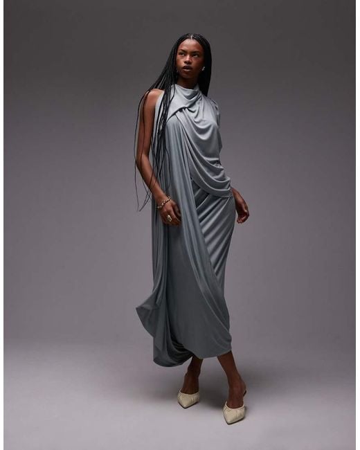 ASOS Gray Modal Draped One Shoulder Maxi Dress