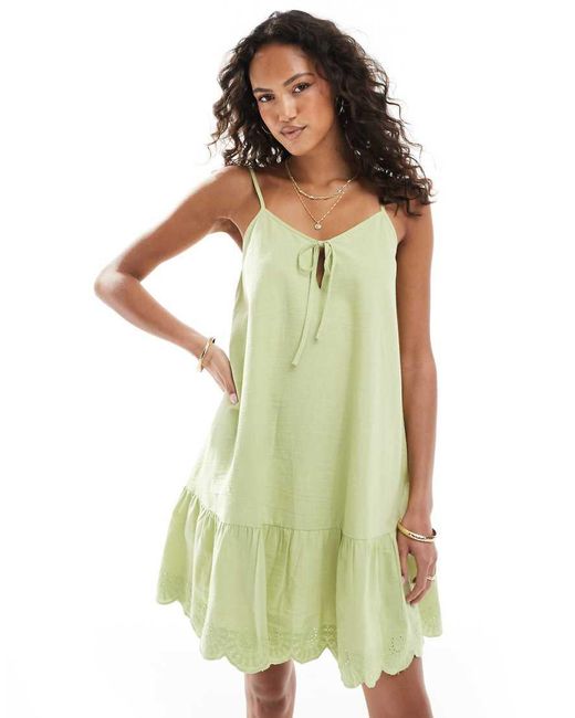Native Youth Green Linen Cami Mini Dress