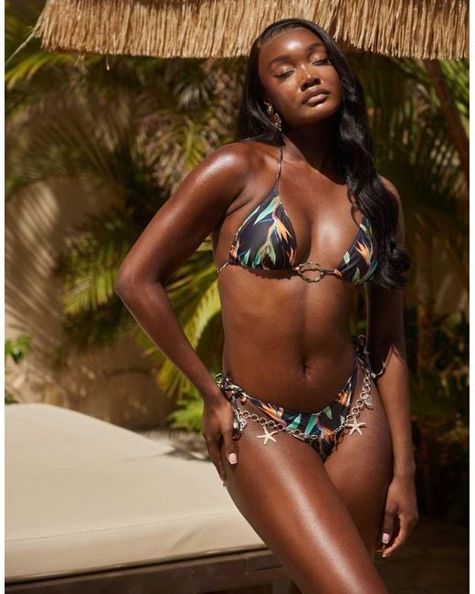 South Beach Green Bird Of Paradise Triangle Bikini Top With Gold Hardware