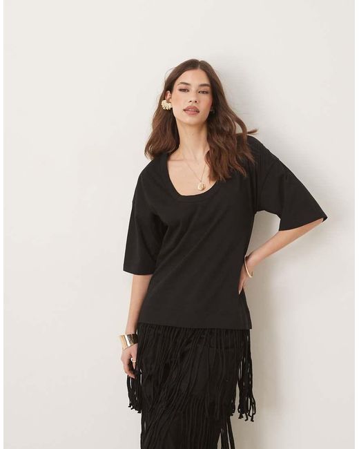 ASOS Midi-Jurk Met T-Shirt Met Lage Ronde Hals En Rok Met Franje in het Natural