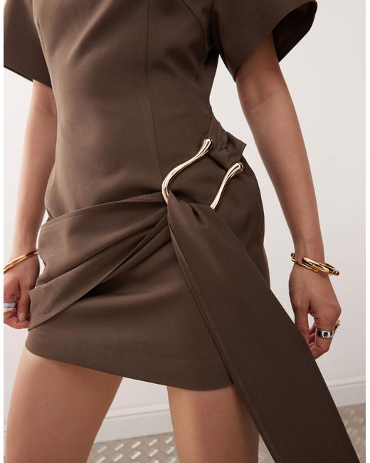 Lioness Natural Martini Structured High Neck Drape Waist Metal Hardware Detail Mini Dress