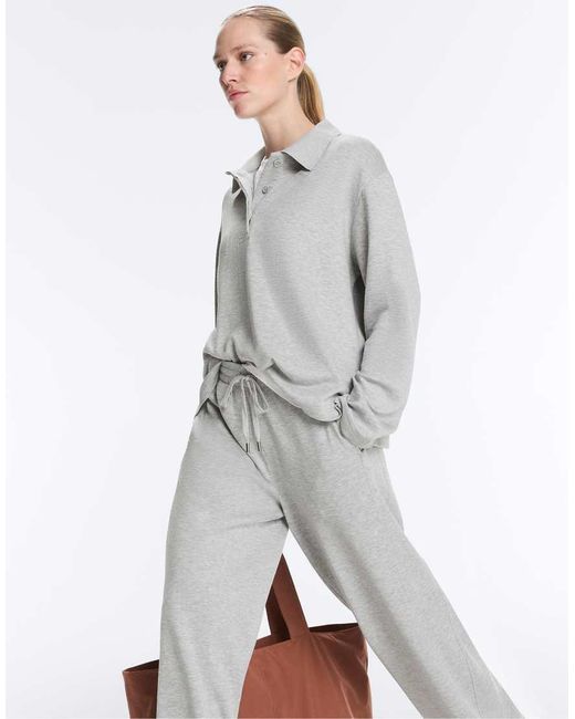 Oysho Gray Mélange Piqué Long-Sleeve Polo Shirt