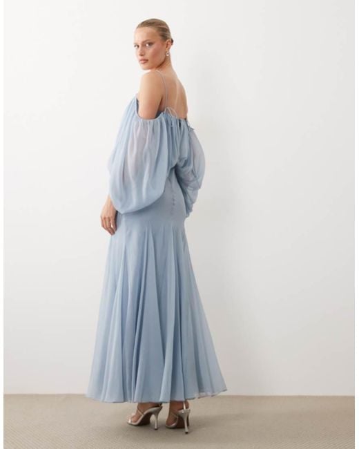 ASOS Blue Blouson Bodice Maxi Dress With Split Sleeve And Volume Godet Skirt