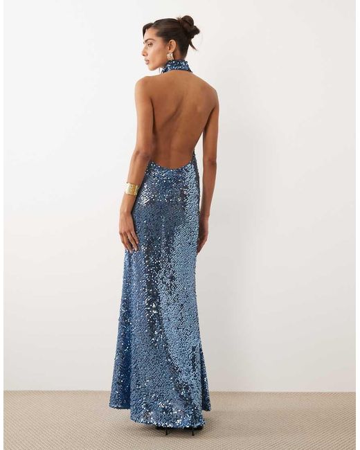 ASOS Blue Embellished Sheer Sequin Halter Maxi Dress