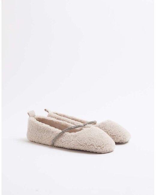 River Island Natural Fluffy Ballet Slippers With Diamante Detail