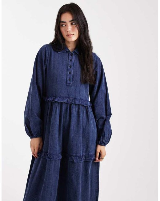 Native Youth Blue Textured Stripe Washed Ruffle Midaxi Dress
