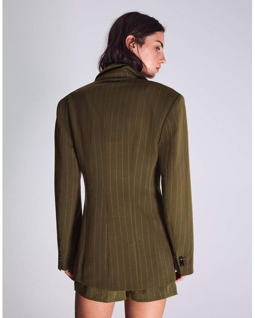 Bershka Brown Striped Double-breasted Blazer