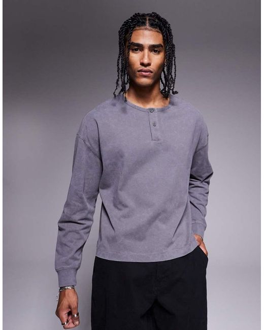 ASOS Purple Heavyweight Boxy Oversized Washed Long Sleeve Henley for men