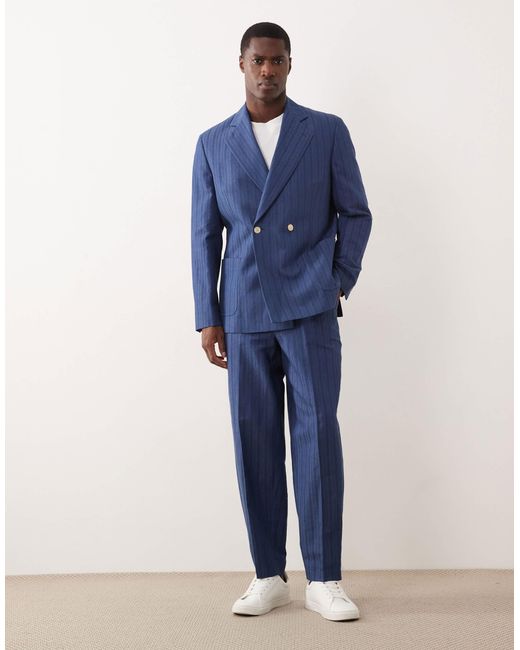 ASOS Blue Linen Blend Regular Double Breasted Suit Jacket for men