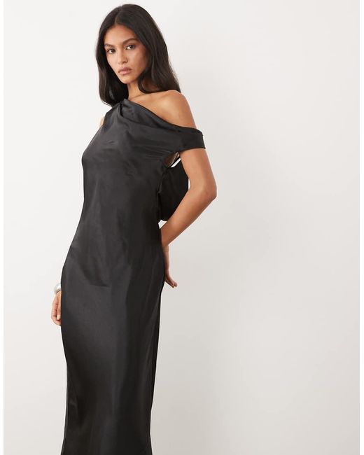JW PEI Natural Satin Draped One Shoulder Asymmetric Satin Maxi Dress
