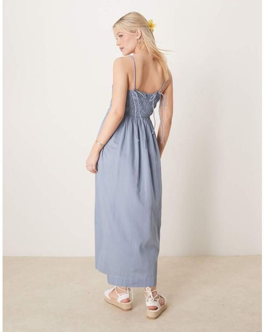 ASOS Blue Shirred Bust Cotton Sateen Maxi Sundress