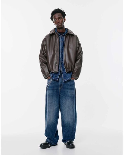 Pull&Bear – weite jacke aus kunstleder in Blue für Herren