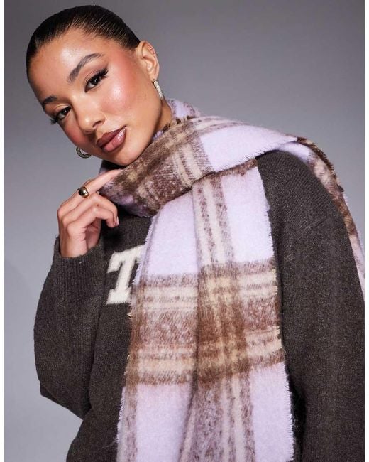River Island Purple Fluffy Check Scarf