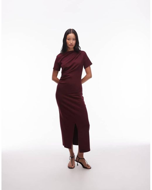 & Other Stories Red Short Sleeve Drape Twist Midaxi Dress With Front Split