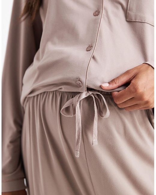 Loungeable Natural Maternity Super Soft Jersey Revere Top And Wide Leg Pyjama Set With Piping Detail