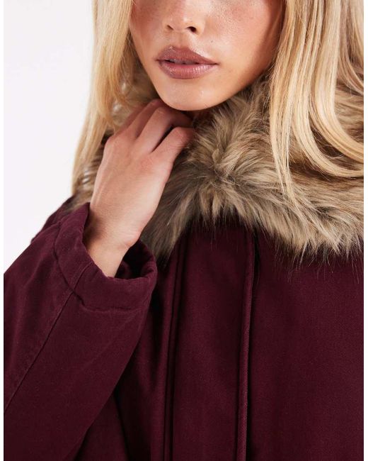 Miss Selfridge Red Faux Fur Collar Parka
