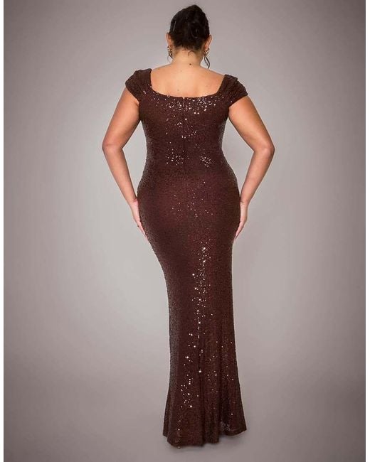 Goddiva Brown Curve Cap Sleeve Iridescent Sequin Cowl Maxi Dress