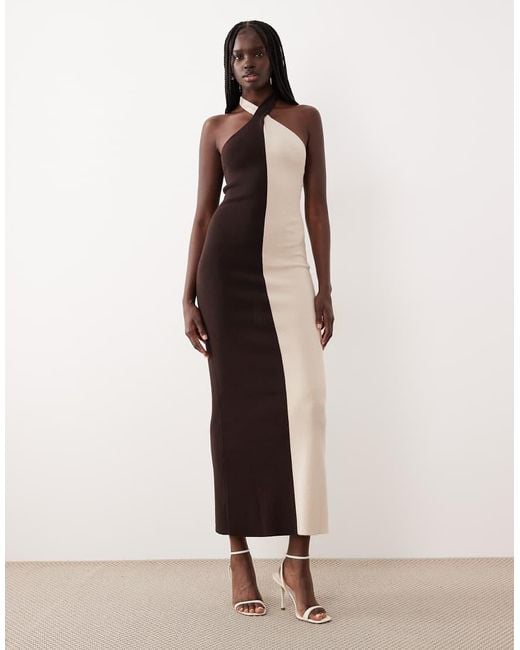 Pretty Lavish Natural Knit Twist Halter Neck Color Block Maxi Dress